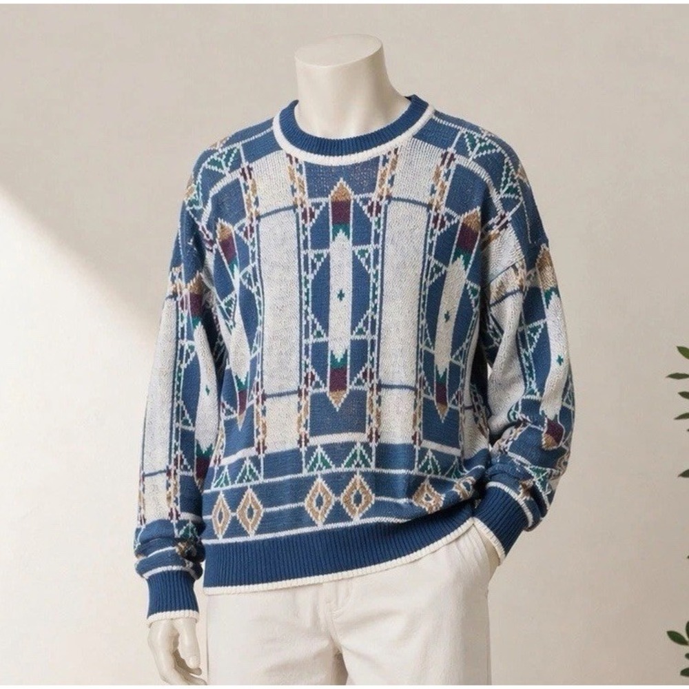 Hennessy Van Heusen Sweater Mens L Blue Geometric Vintage 90s Aztec